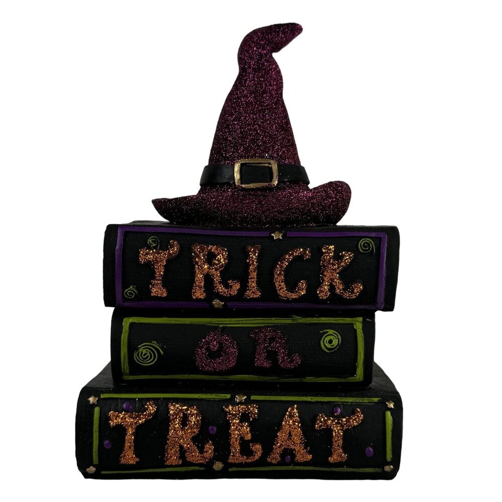 Halloween Witch Hat On Stacked Books 8" "Trick Or Treat" Glitter Faux Books